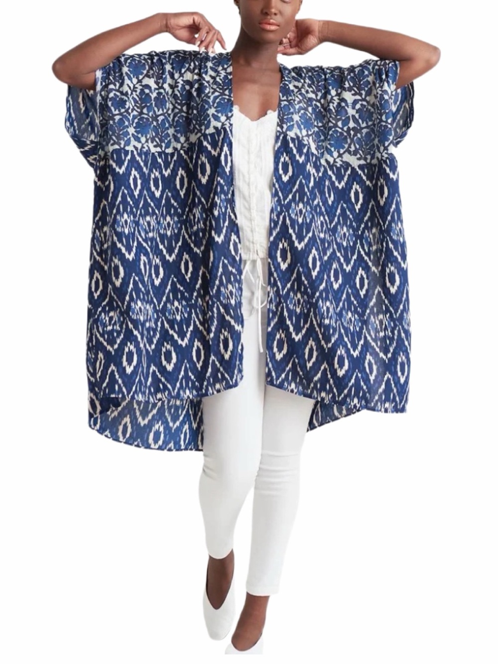 Black Tape _ Twin Printed Kimono in Shades of Blue Size Medium Beach Cover Up